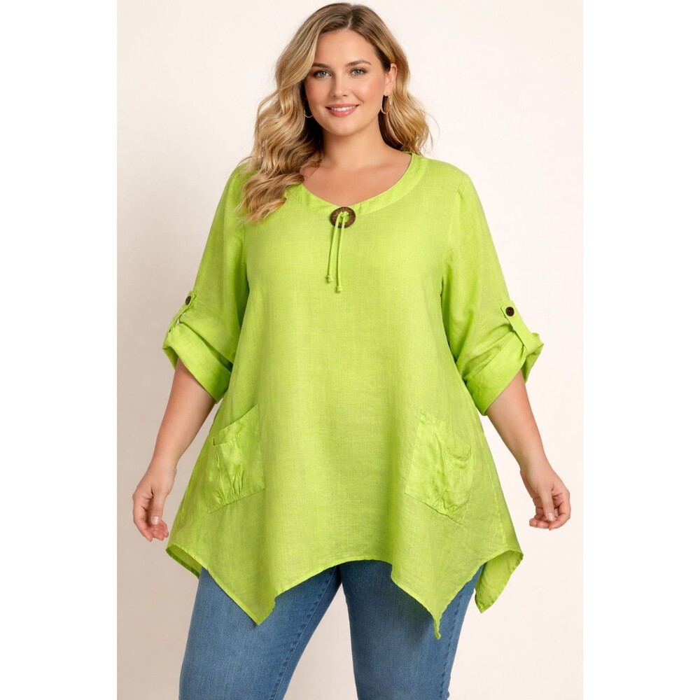Al Miles Ramie Tunic Top Lime Green XL Roll Tab Sleeve Pocket Plus Size Boho